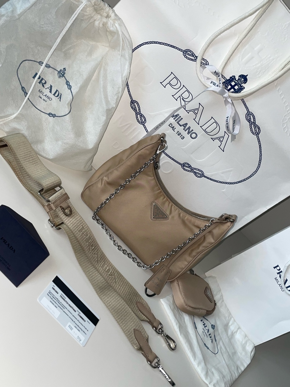 Prada Cammeo / Re-Edition Nylon Shoulder Bag With Chain Strap & Pouch
